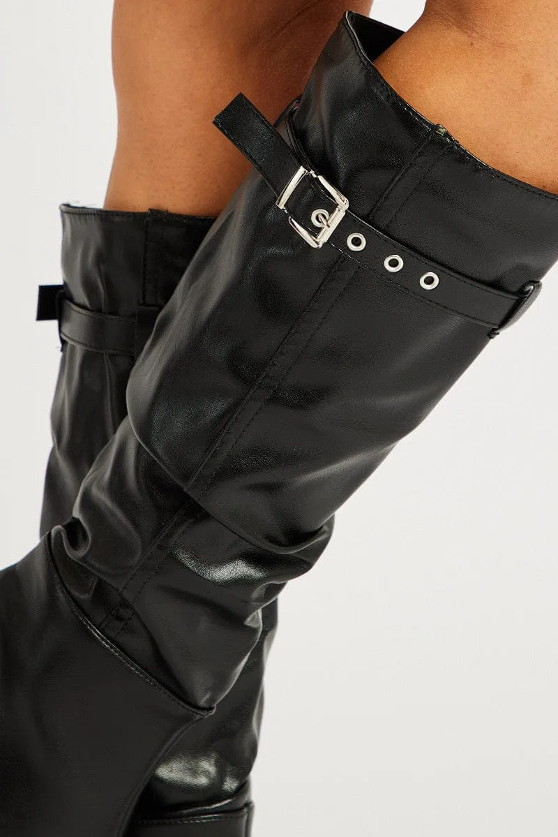 Black Buckle Detail Ruched Boots