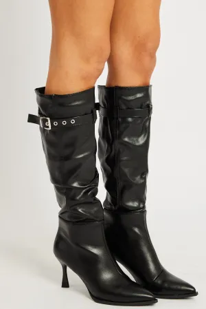 Black Buckle Detail Ruched Boots