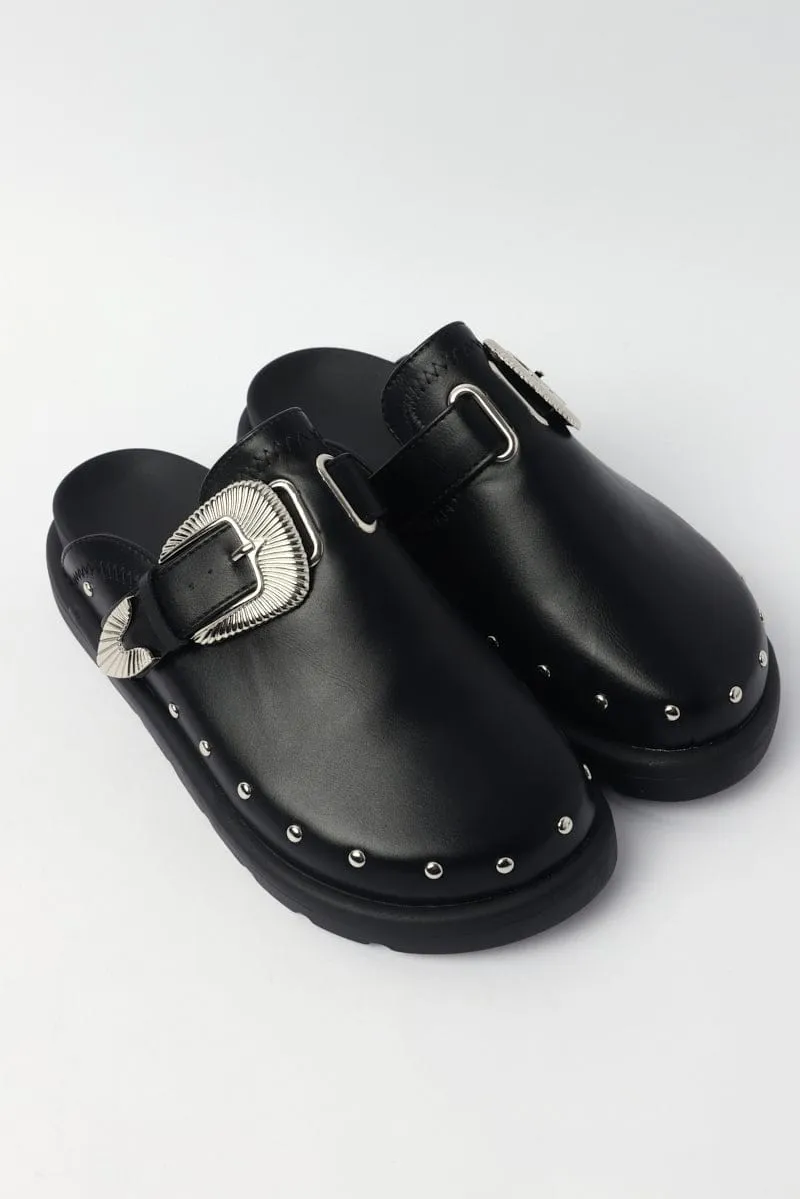 Black Buckled Detail Mule Clogs