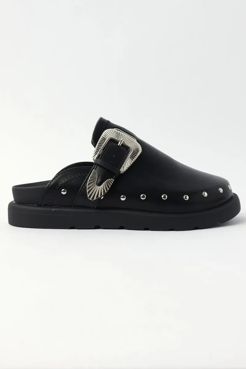 Black Buckled Detail Mule Clogs