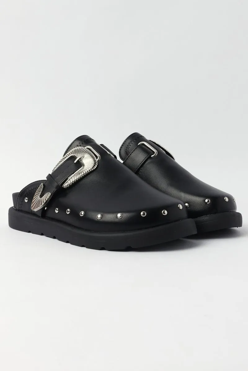 Black Buckled Detail Mule Clogs
