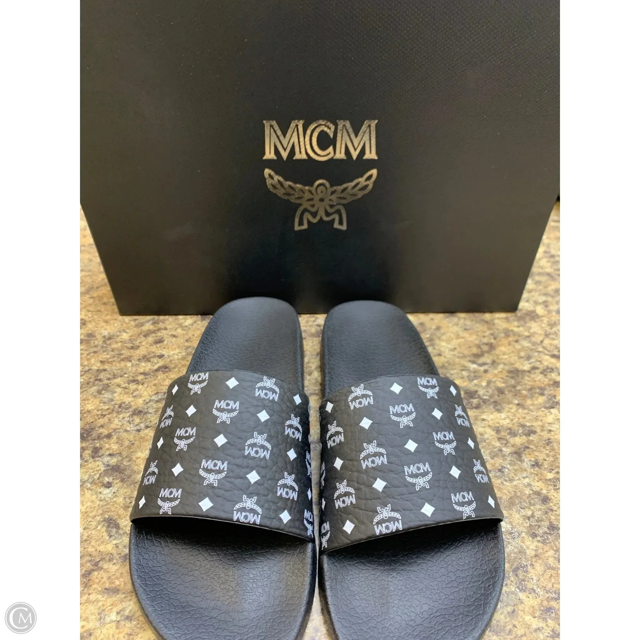 Sandals Luxury Designer By Mcm In Black & White, Size: 11